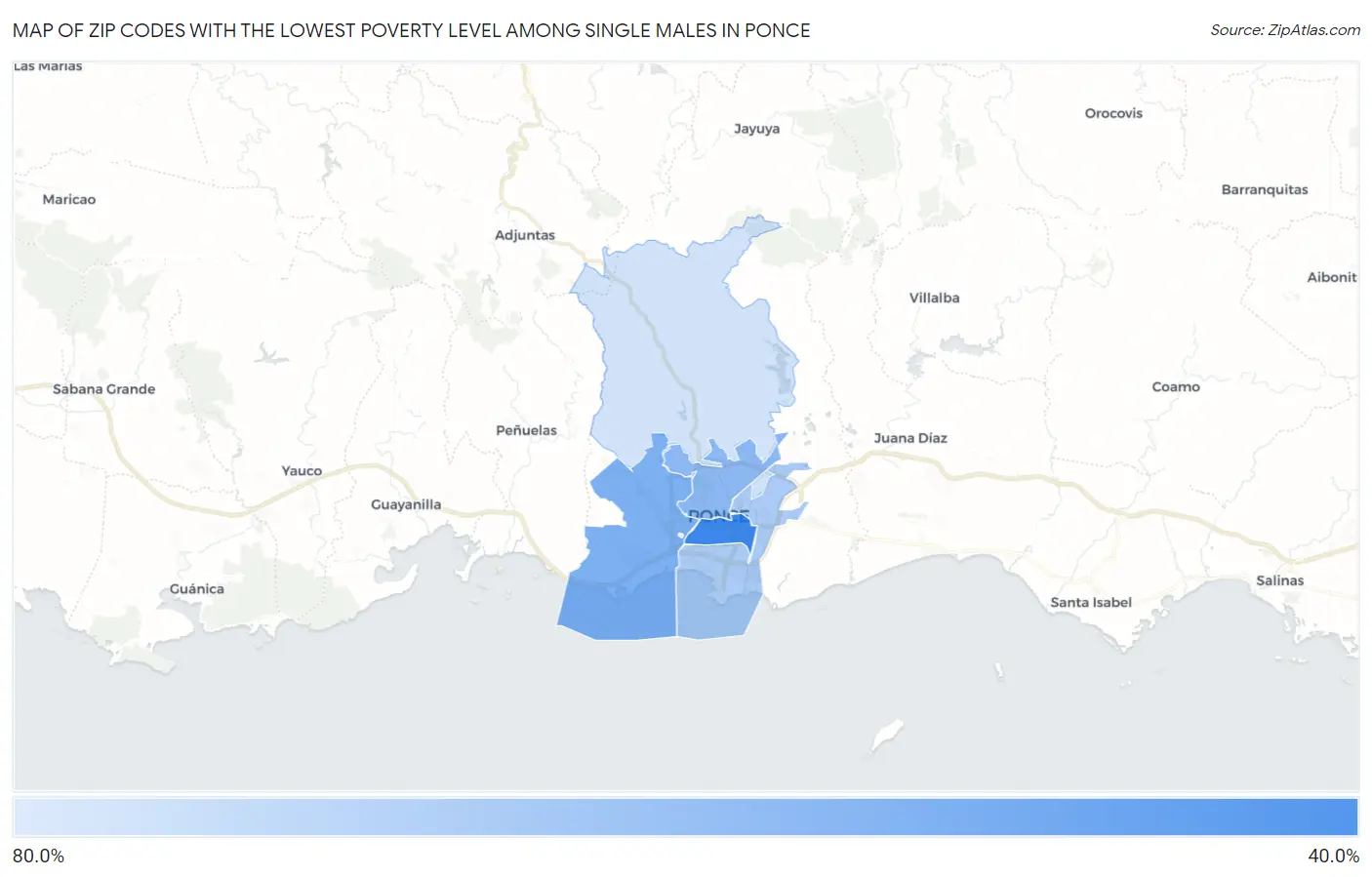 Zip Codes with the Lowest Poverty Level Among Single Males in Ponce Map