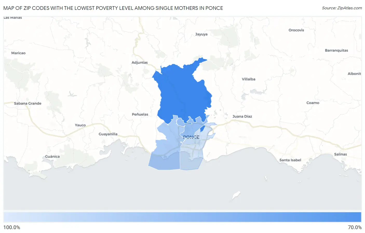 Zip Codes with the Lowest Poverty Level Among Single Mothers in Ponce Map