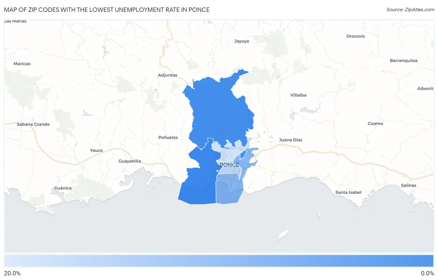 Zip Codes with the Lowest Unemployment Rate in Ponce Map