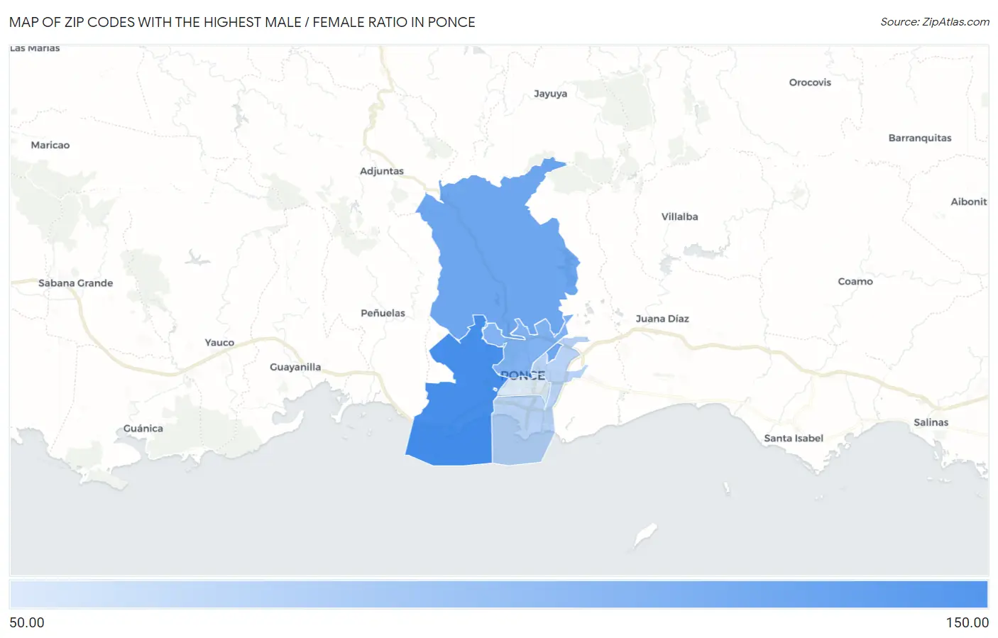 Zip Codes with the Highest Male / Female Ratio in Ponce Map