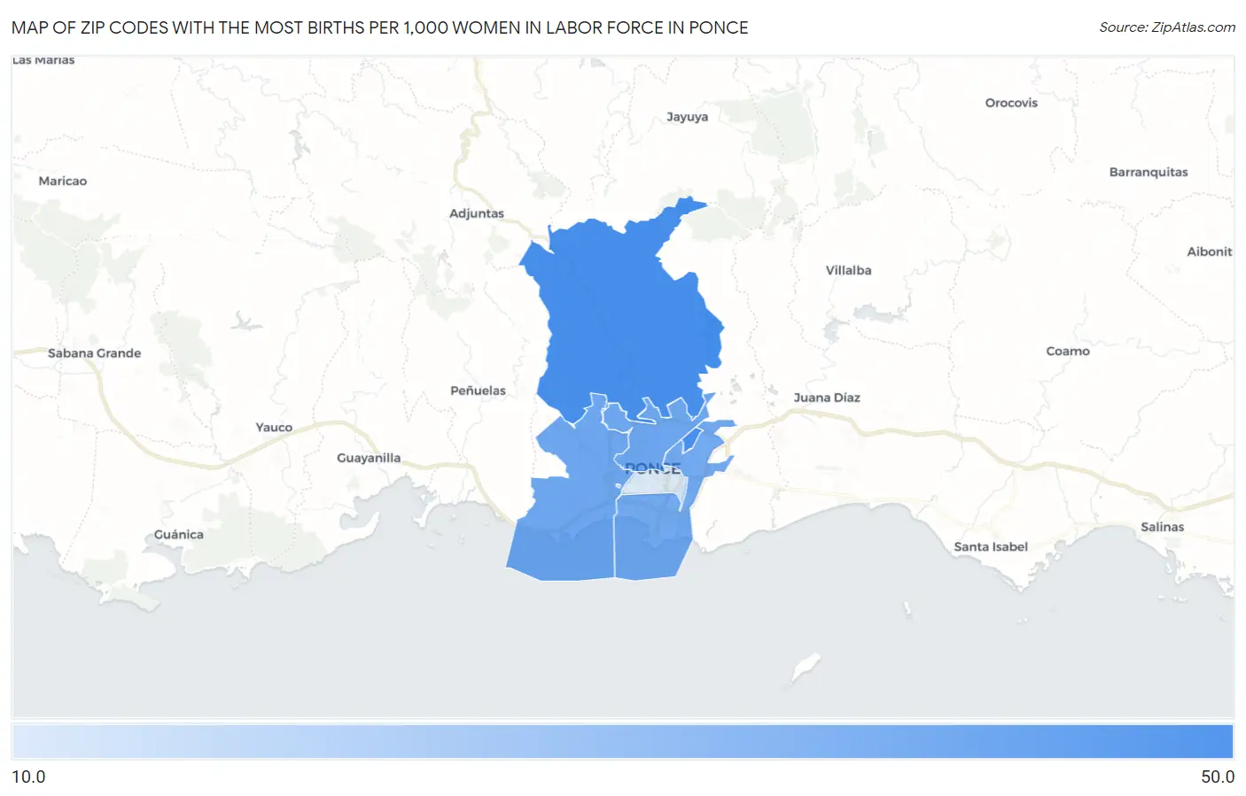 Zip Codes with the Most Births per 1,000 Women in Labor Force in Ponce Map