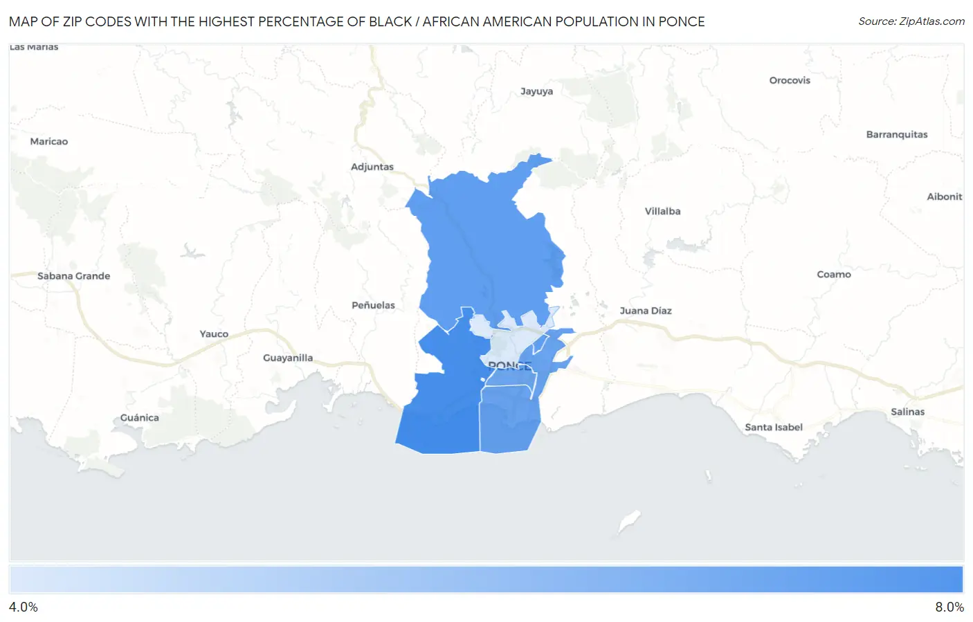 Zip Codes with the Highest Percentage of Black / African American Population in Ponce Map