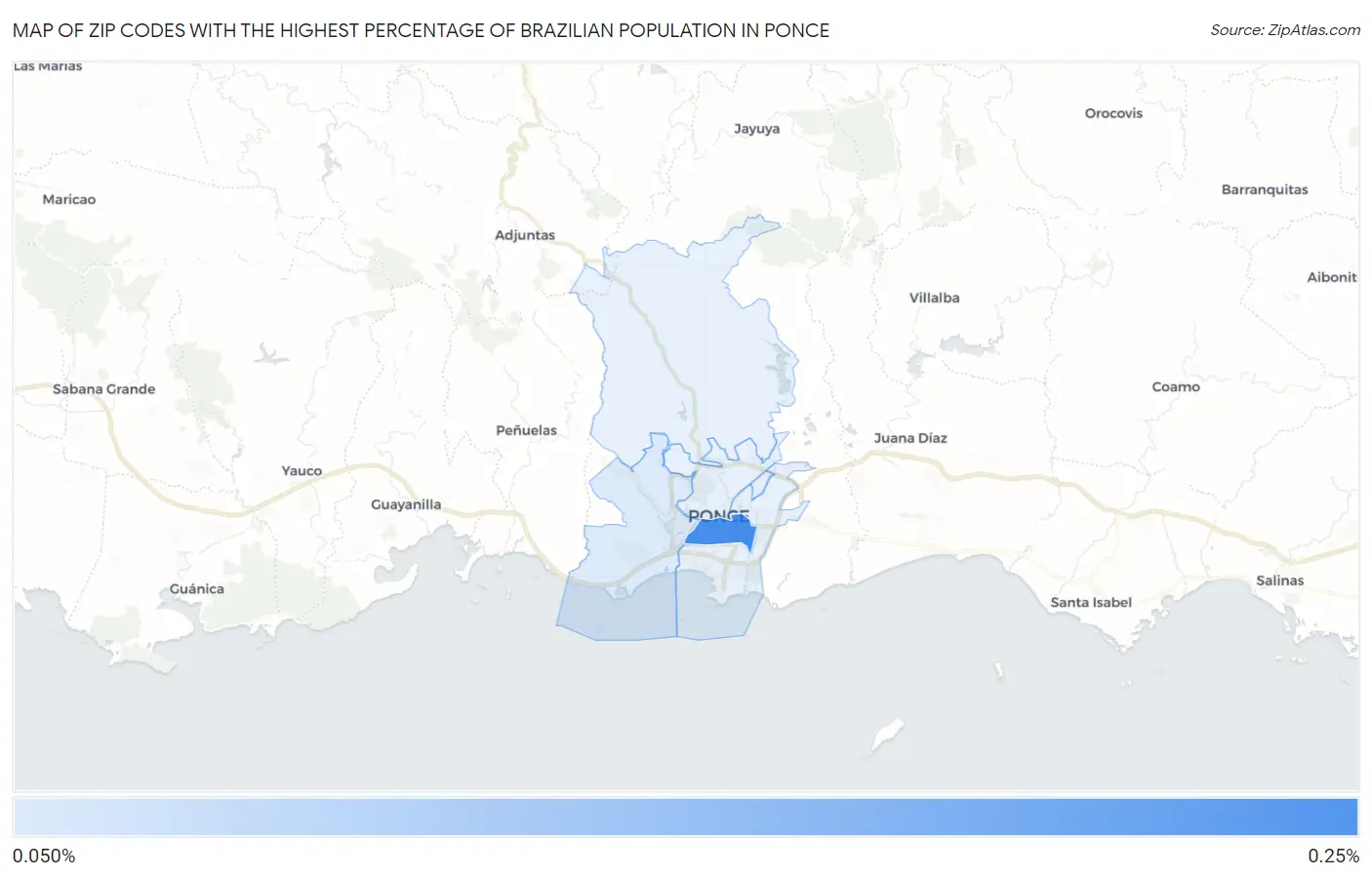 Zip Codes with the Highest Percentage of Brazilian Population in Ponce Map