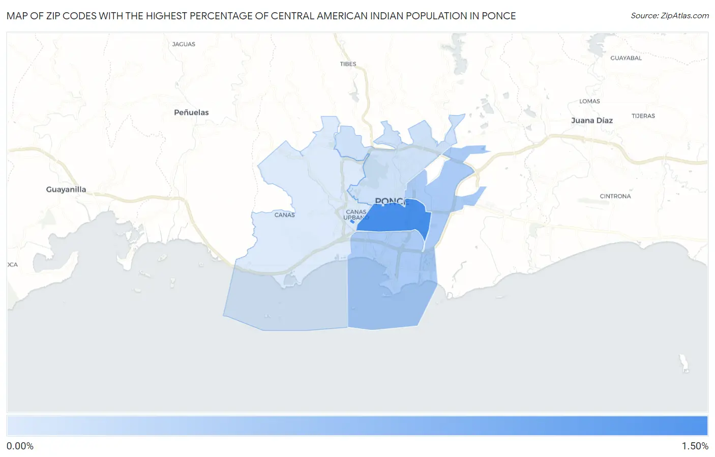 Zip Codes with the Highest Percentage of Central American Indian Population in Ponce Map