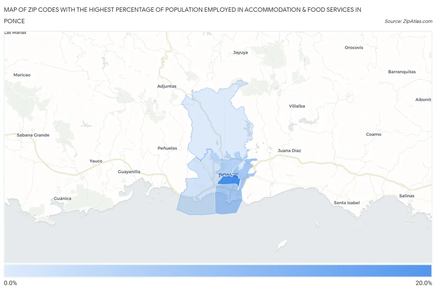 Zip Codes with the Highest Percentage of Population Employed in Accommodation & Food Services in Ponce Map