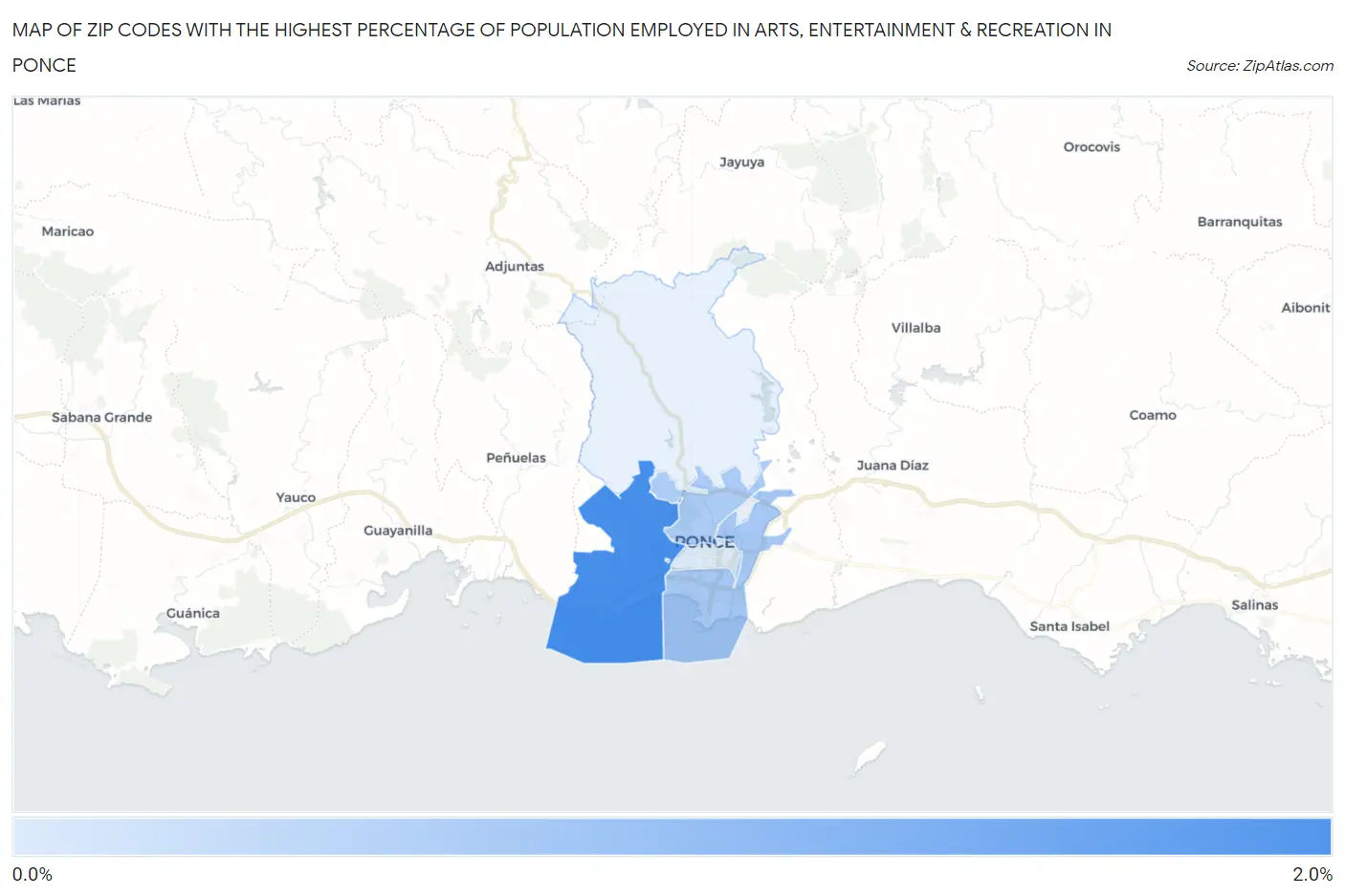 Zip Codes with the Highest Percentage of Population Employed in Arts, Entertainment & Recreation in Ponce Map