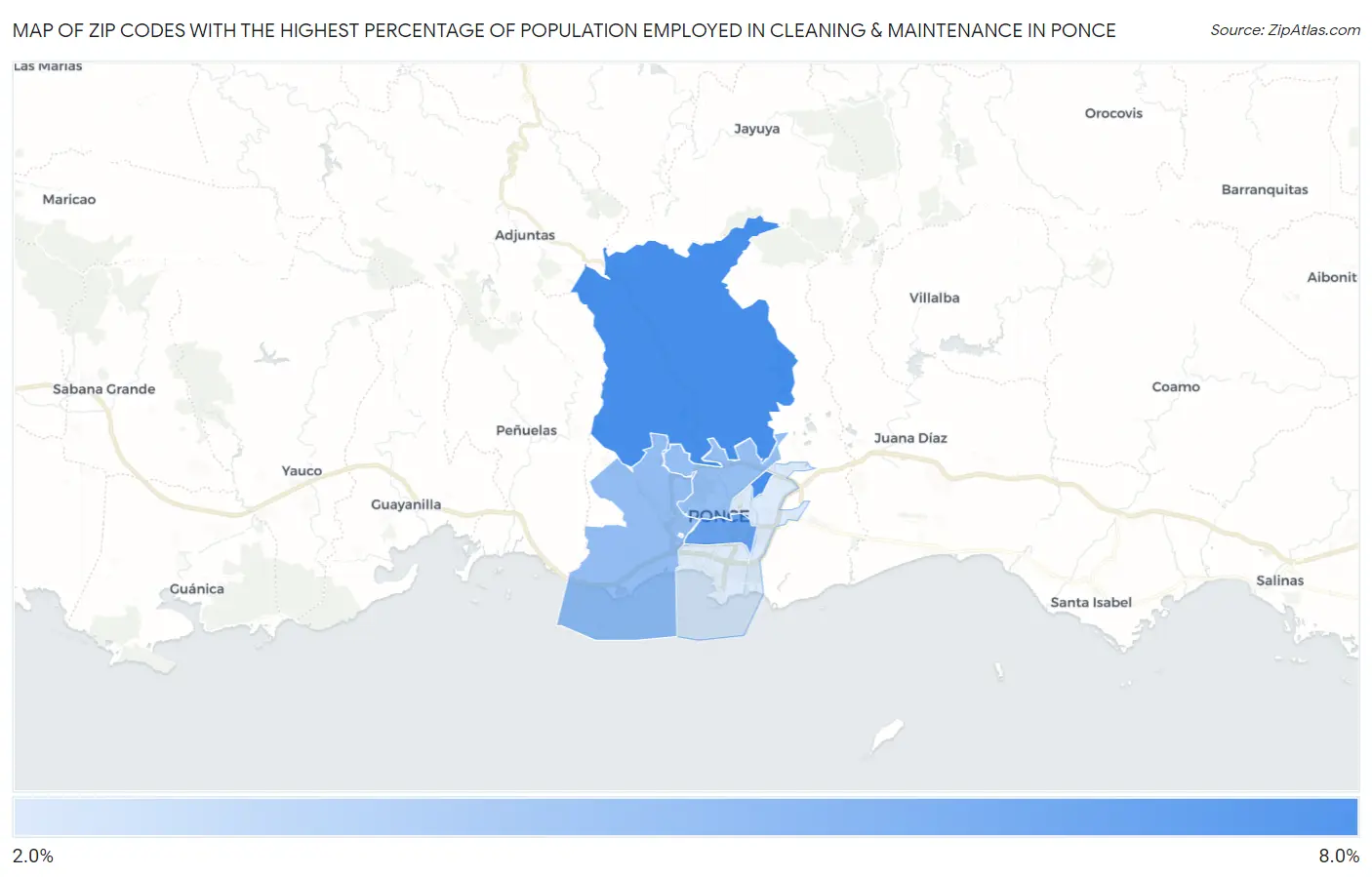 Zip Codes with the Highest Percentage of Population Employed in Cleaning & Maintenance in Ponce Map