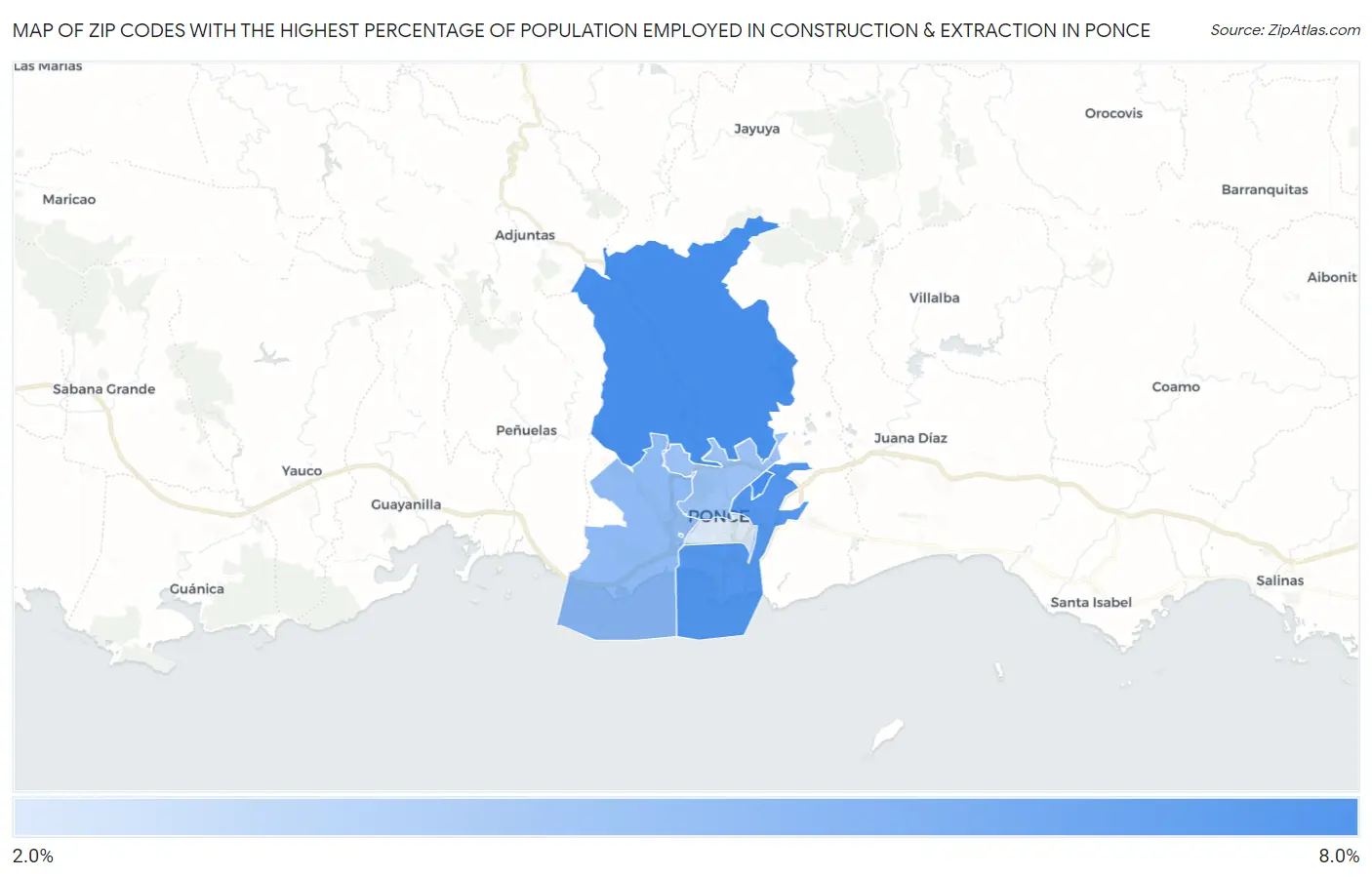 Zip Codes with the Highest Percentage of Population Employed in Construction & Extraction in Ponce Map