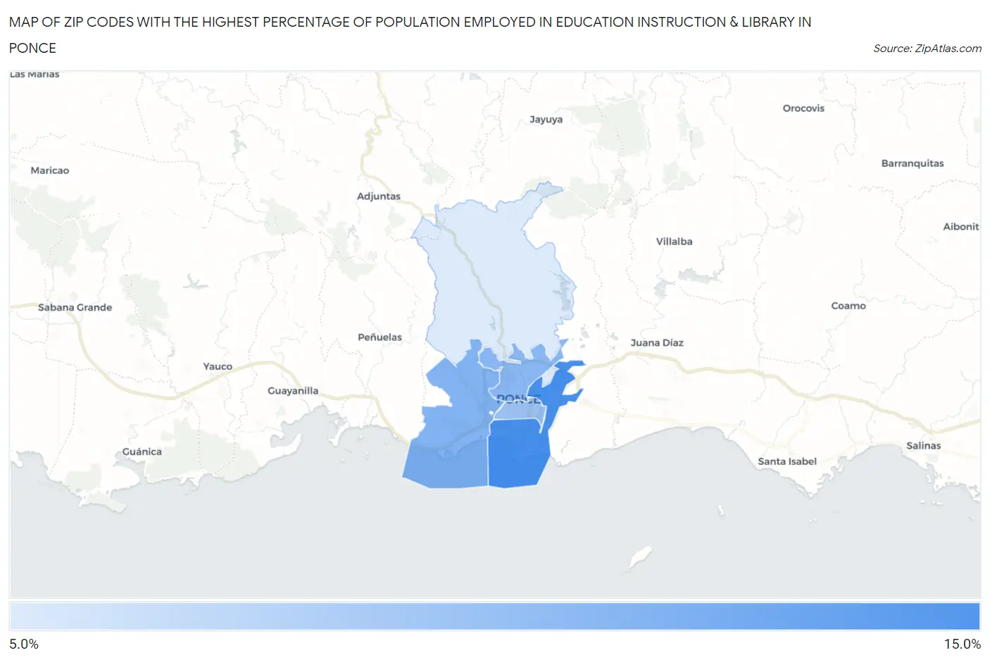 Zip Codes with the Highest Percentage of Population Employed in Education Instruction & Library in Ponce Map