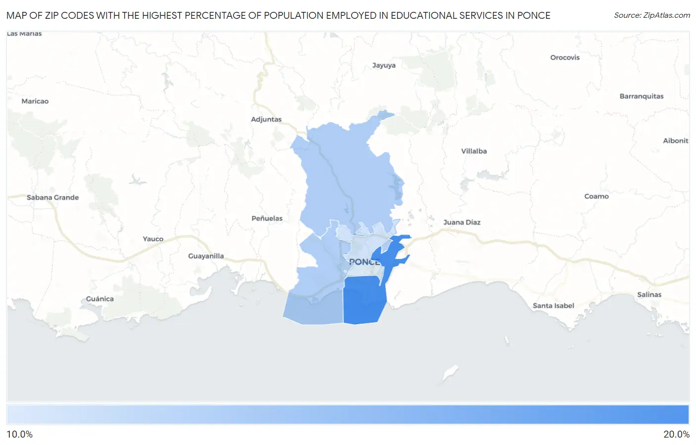 Zip Codes with the Highest Percentage of Population Employed in Educational Services in Ponce Map