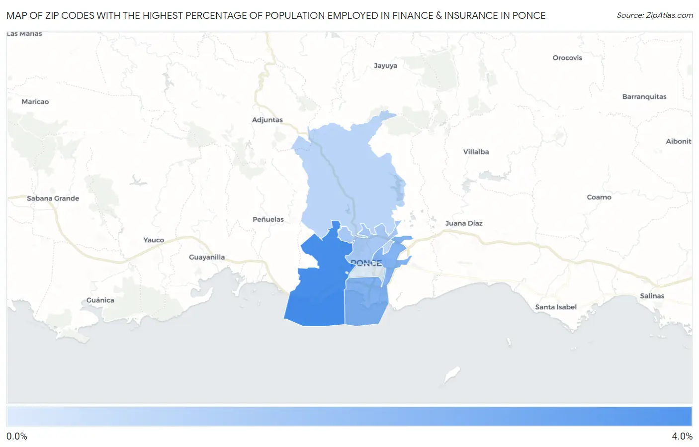 Zip Codes with the Highest Percentage of Population Employed in Finance & Insurance in Ponce Map