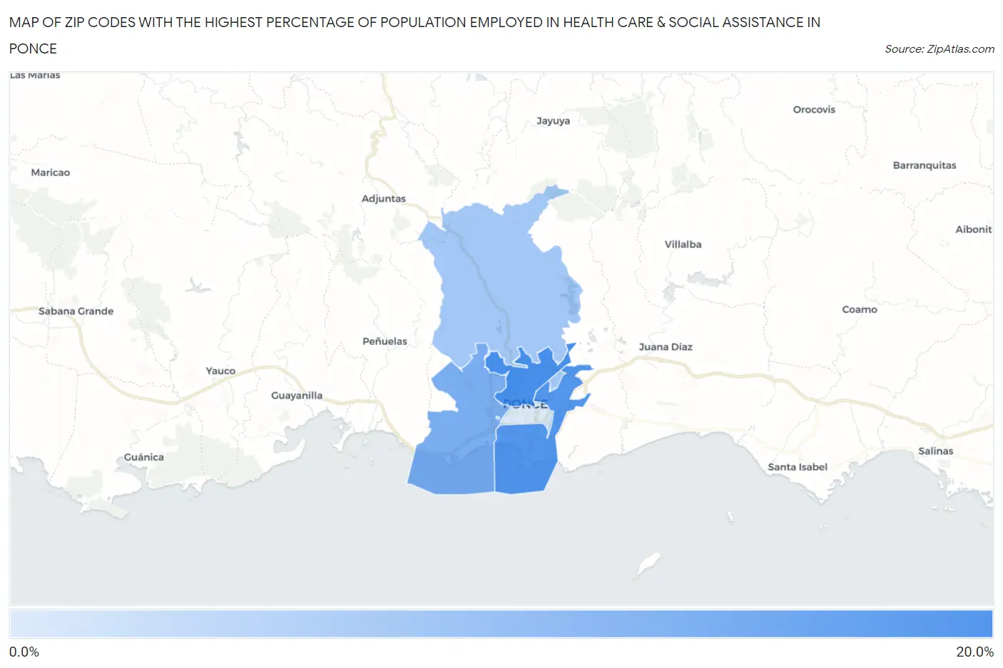 Zip Codes with the Highest Percentage of Population Employed in Health Care & Social Assistance in Ponce Map