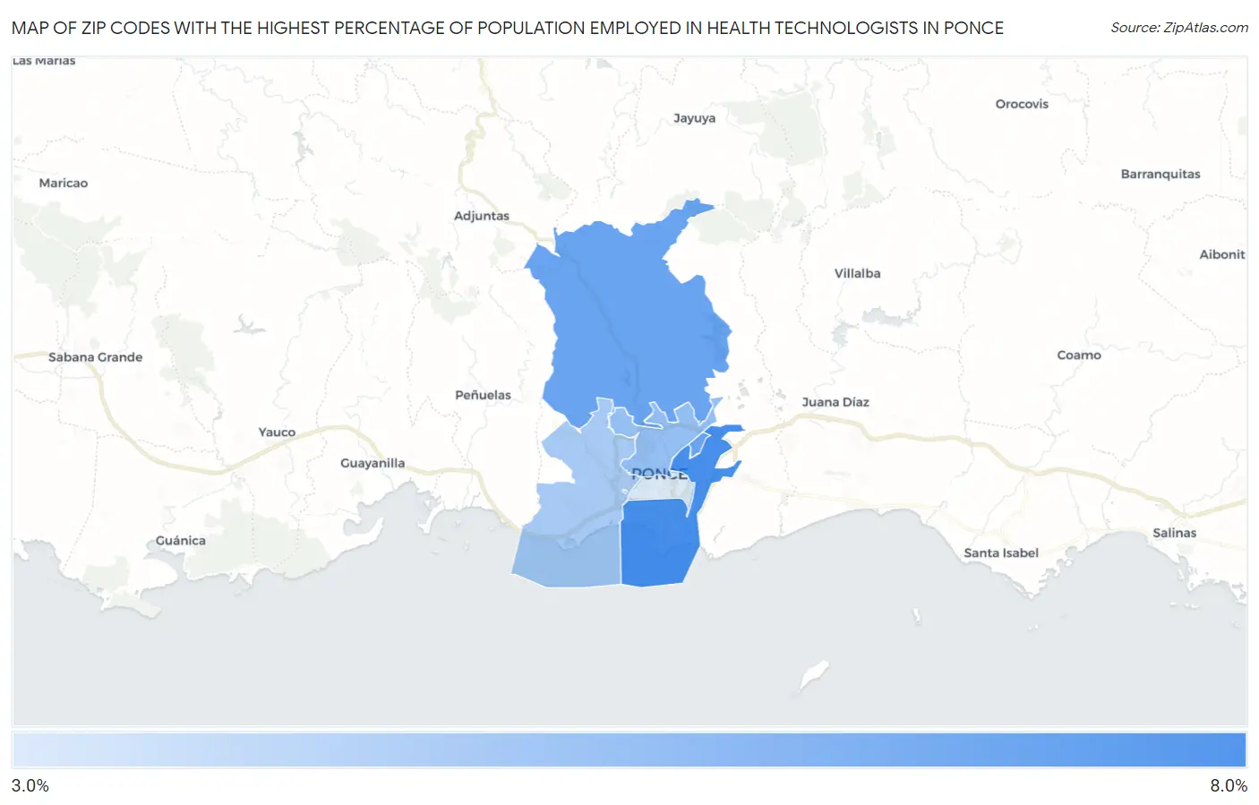 Zip Codes with the Highest Percentage of Population Employed in Health Technologists in Ponce Map