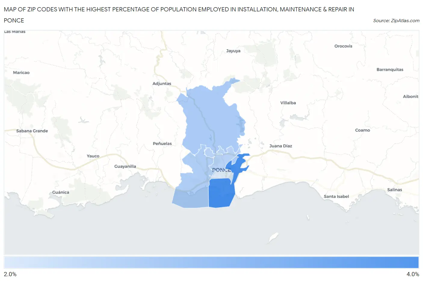 Zip Codes with the Highest Percentage of Population Employed in Installation, Maintenance & Repair in Ponce Map