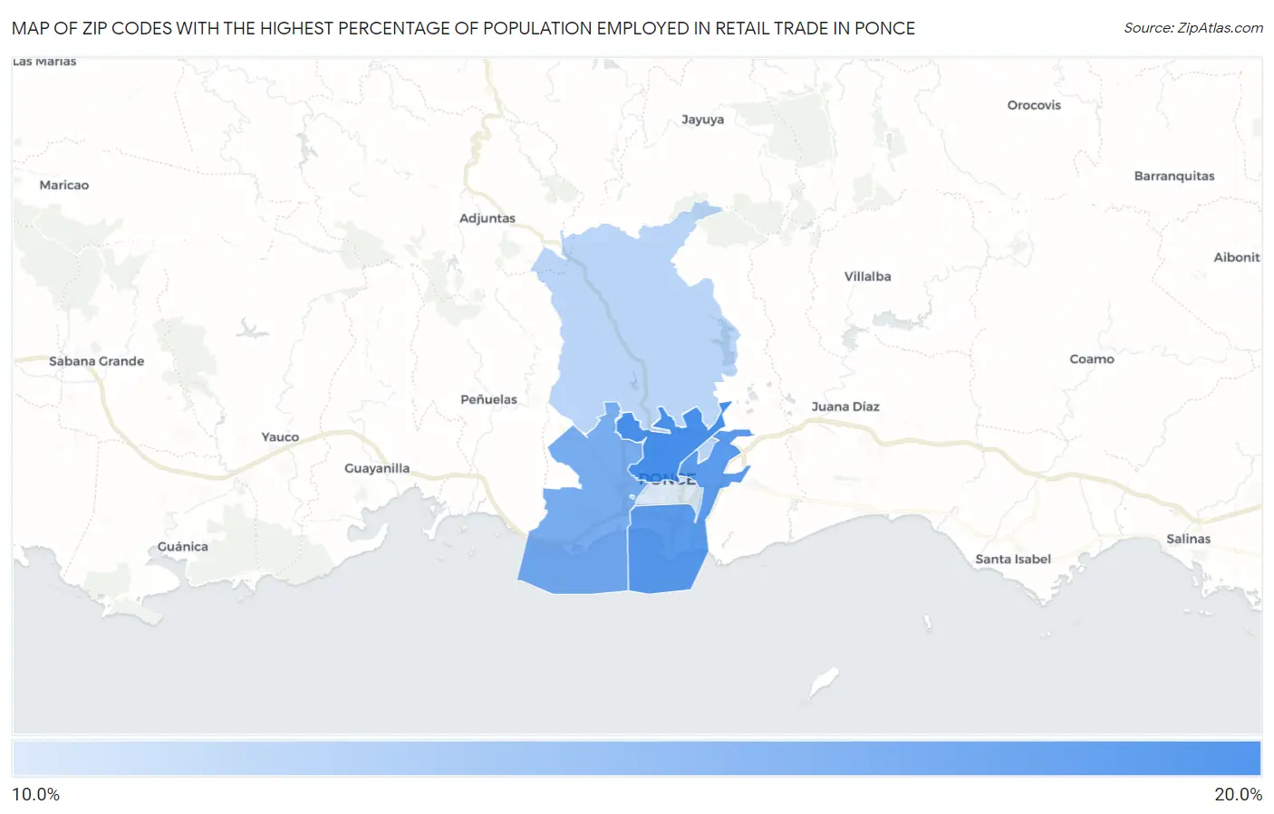 Zip Codes with the Highest Percentage of Population Employed in Retail Trade in Ponce Map