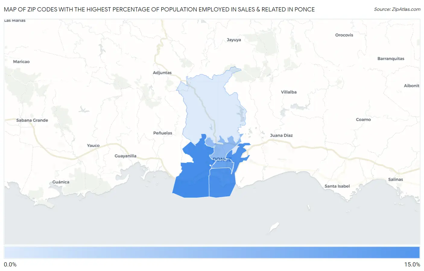 Zip Codes with the Highest Percentage of Population Employed in Sales & Related in Ponce Map