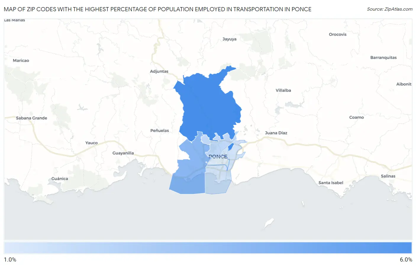 Zip Codes with the Highest Percentage of Population Employed in Transportation in Ponce Map