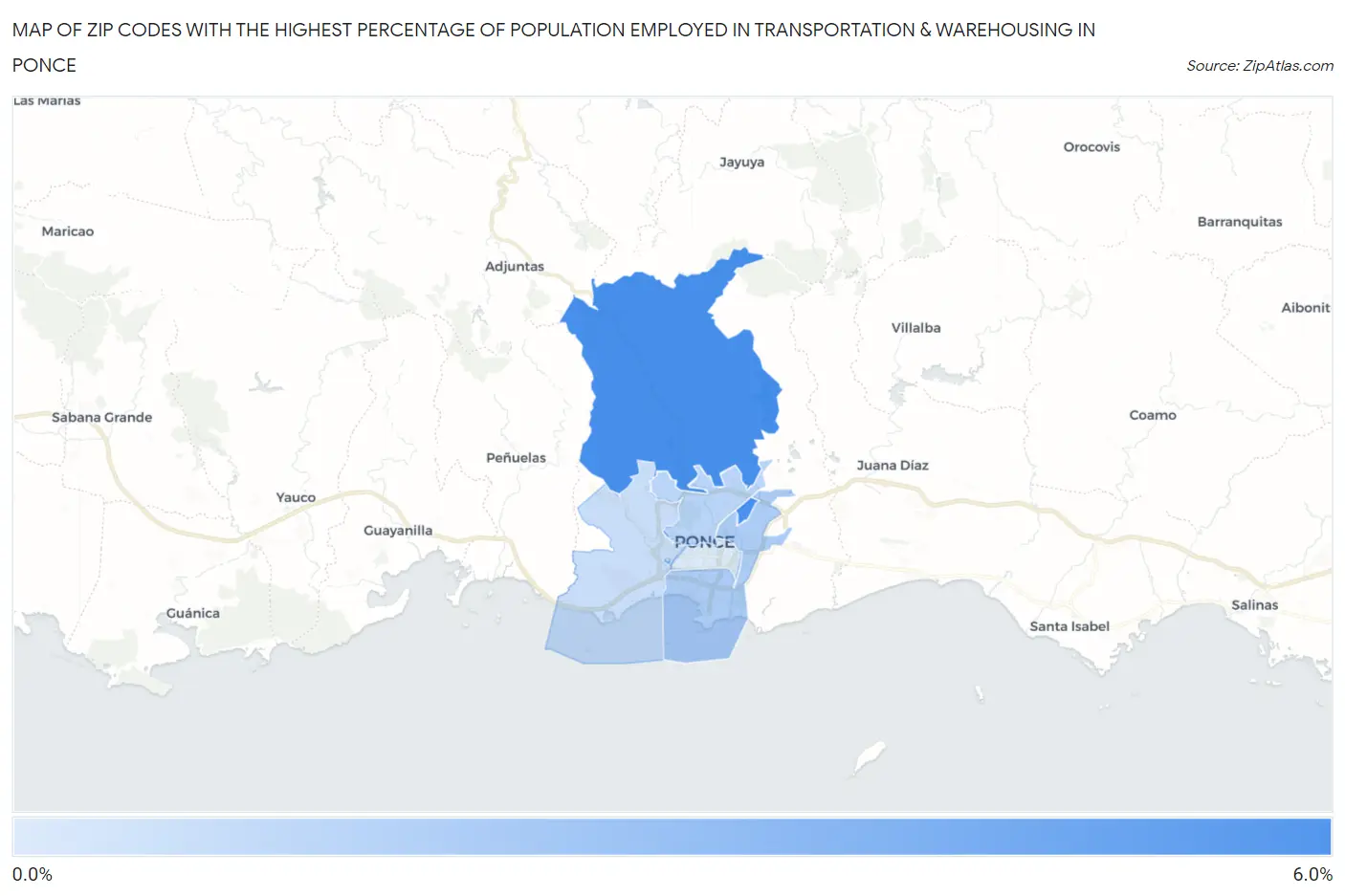 Zip Codes with the Highest Percentage of Population Employed in Transportation & Warehousing in Ponce Map