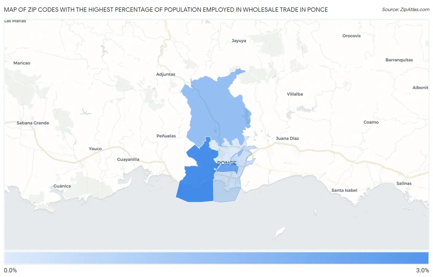 Zip Codes with the Highest Percentage of Population Employed in Wholesale Trade in Ponce Map