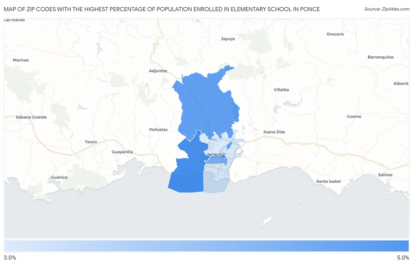 Zip Codes with the Highest Percentage of Population Enrolled in Elementary School in Ponce Map