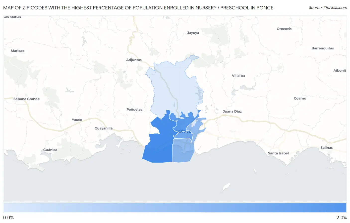 Zip Codes with the Highest Percentage of Population Enrolled in Nursery / Preschool in Ponce Map