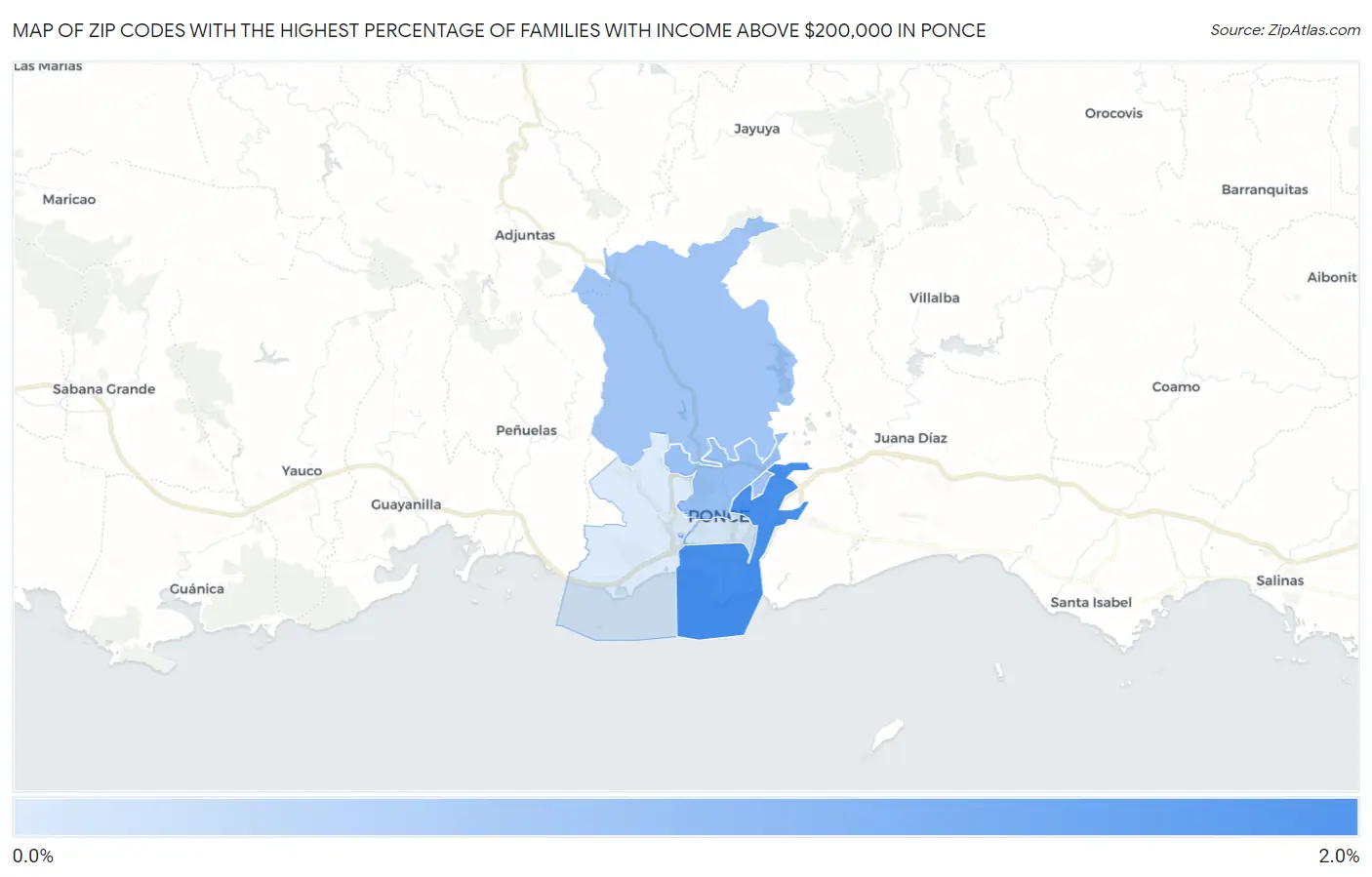 Zip Codes with the Highest Percentage of Families with Income Above $200,000 in Ponce Map
