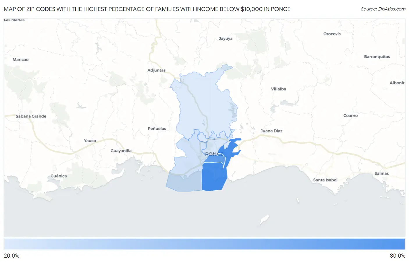 Zip Codes with the Highest Percentage of Families with Income Below $10,000 in Ponce Map