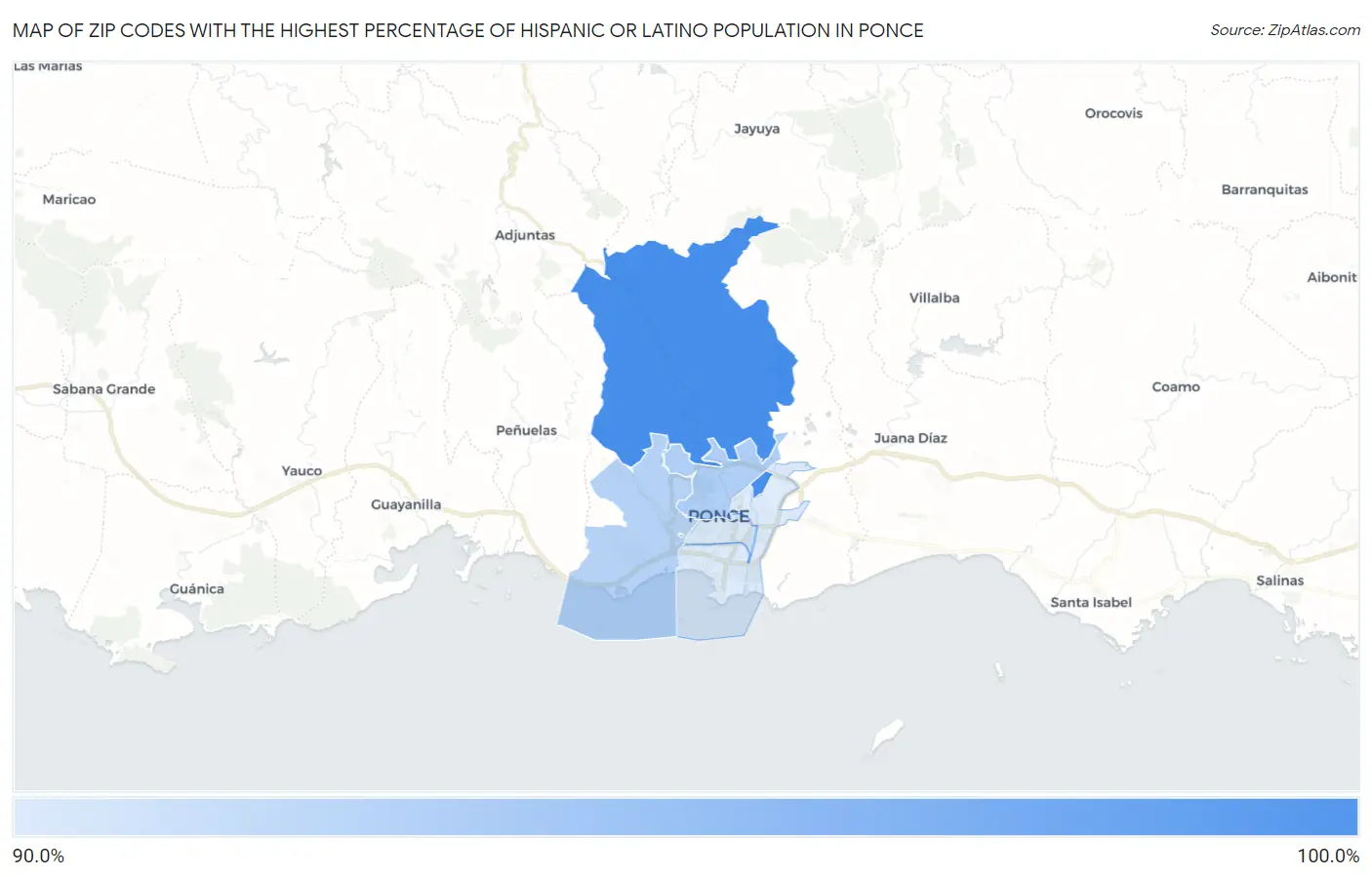 Zip Codes with the Highest Percentage of Hispanic or Latino Population in Ponce Map