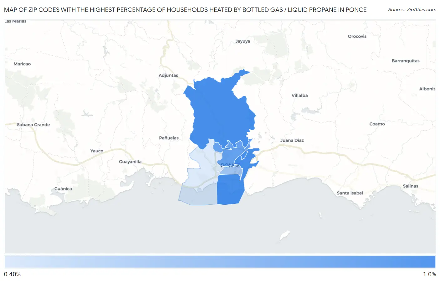 Zip Codes with the Highest Percentage of Households Heated by Bottled Gas / Liquid Propane in Ponce Map