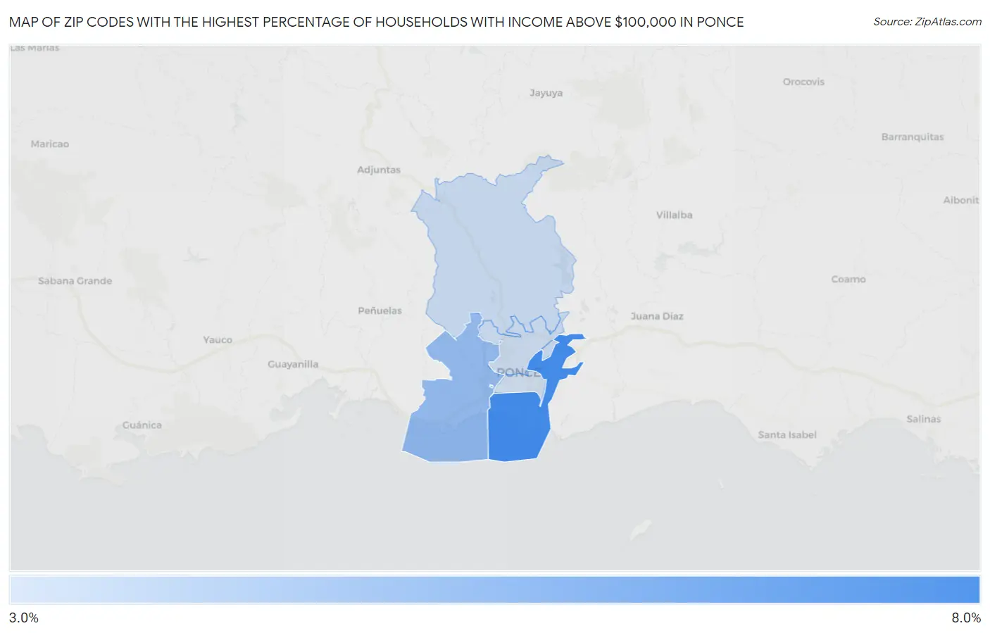 Zip Codes with the Highest Percentage of Households with Income Above $100,000 in Ponce Map