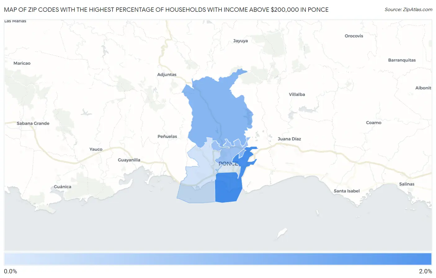 Zip Codes with the Highest Percentage of Households with Income Above $200,000 in Ponce Map
