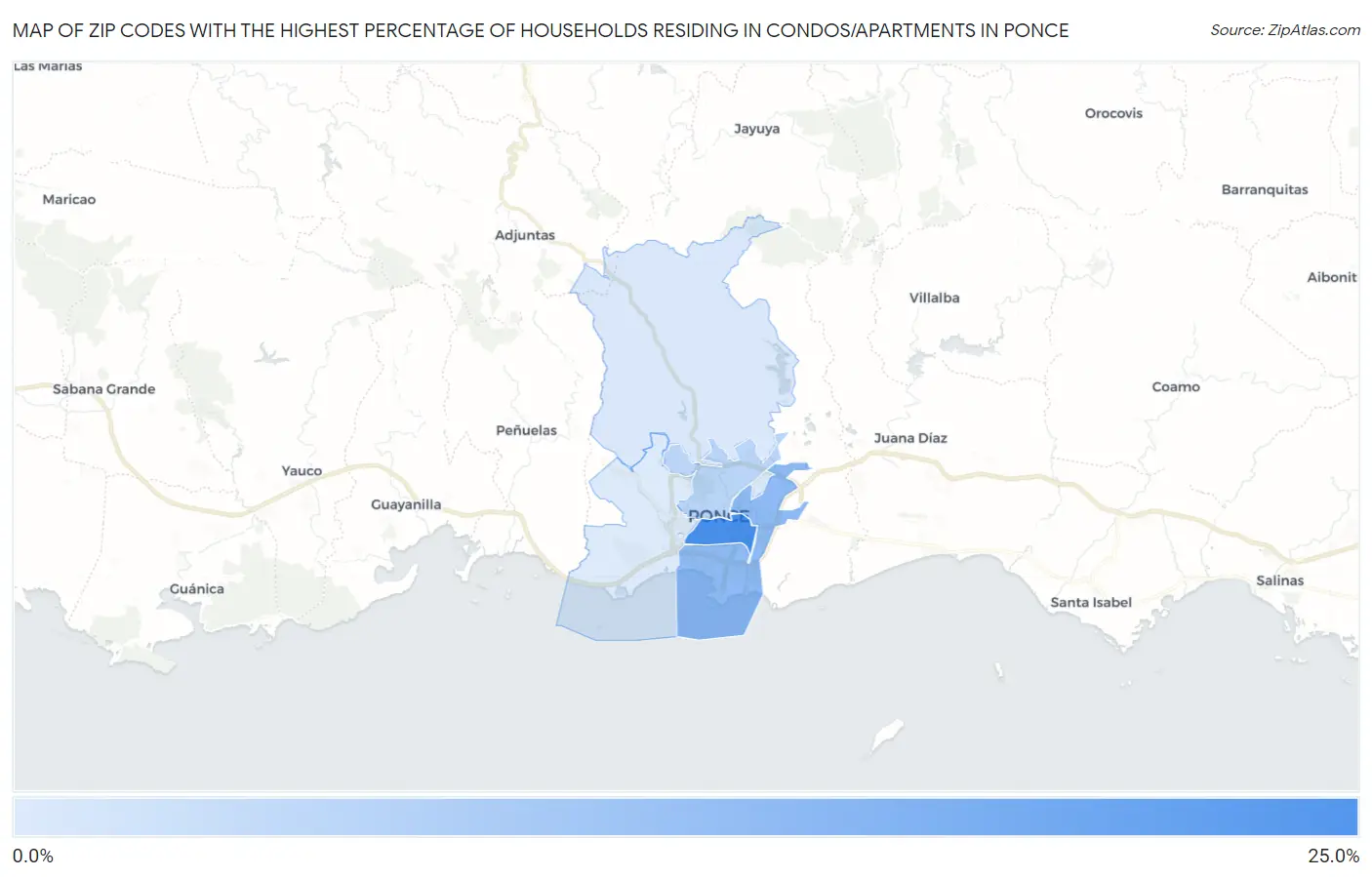 Zip Codes with the Highest Percentage of Households Residing in Condos/Apartments in Ponce Map