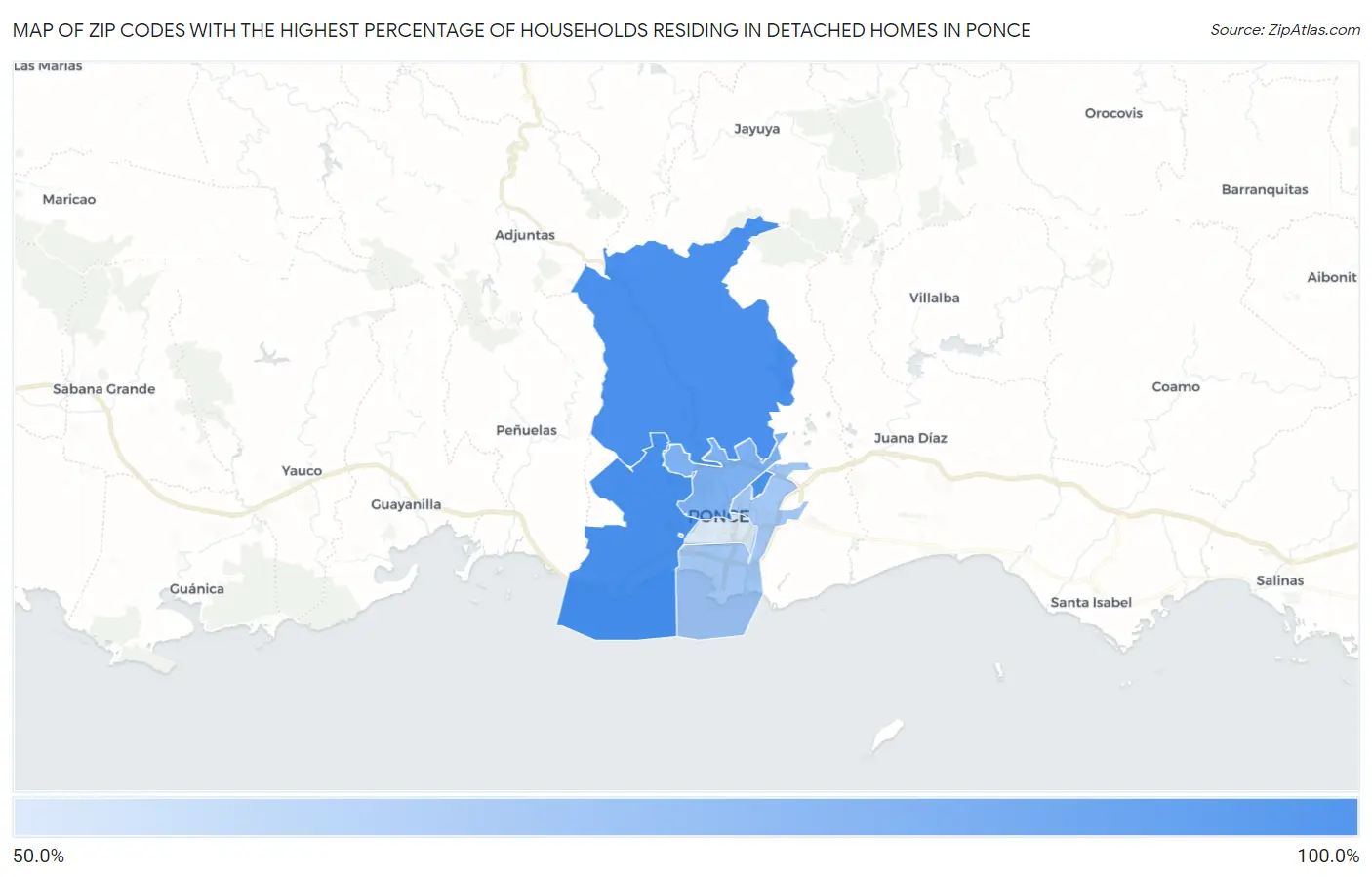 Zip Codes with the Highest Percentage of Households Residing in Detached Homes in Ponce Map