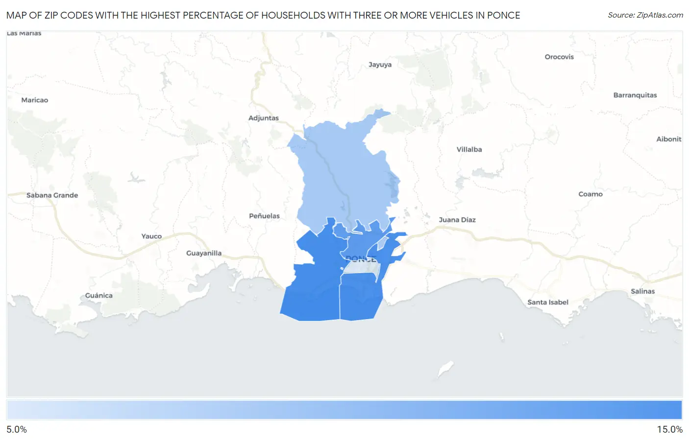 Zip Codes with the Highest Percentage of Households With Three or more Vehicles in Ponce Map