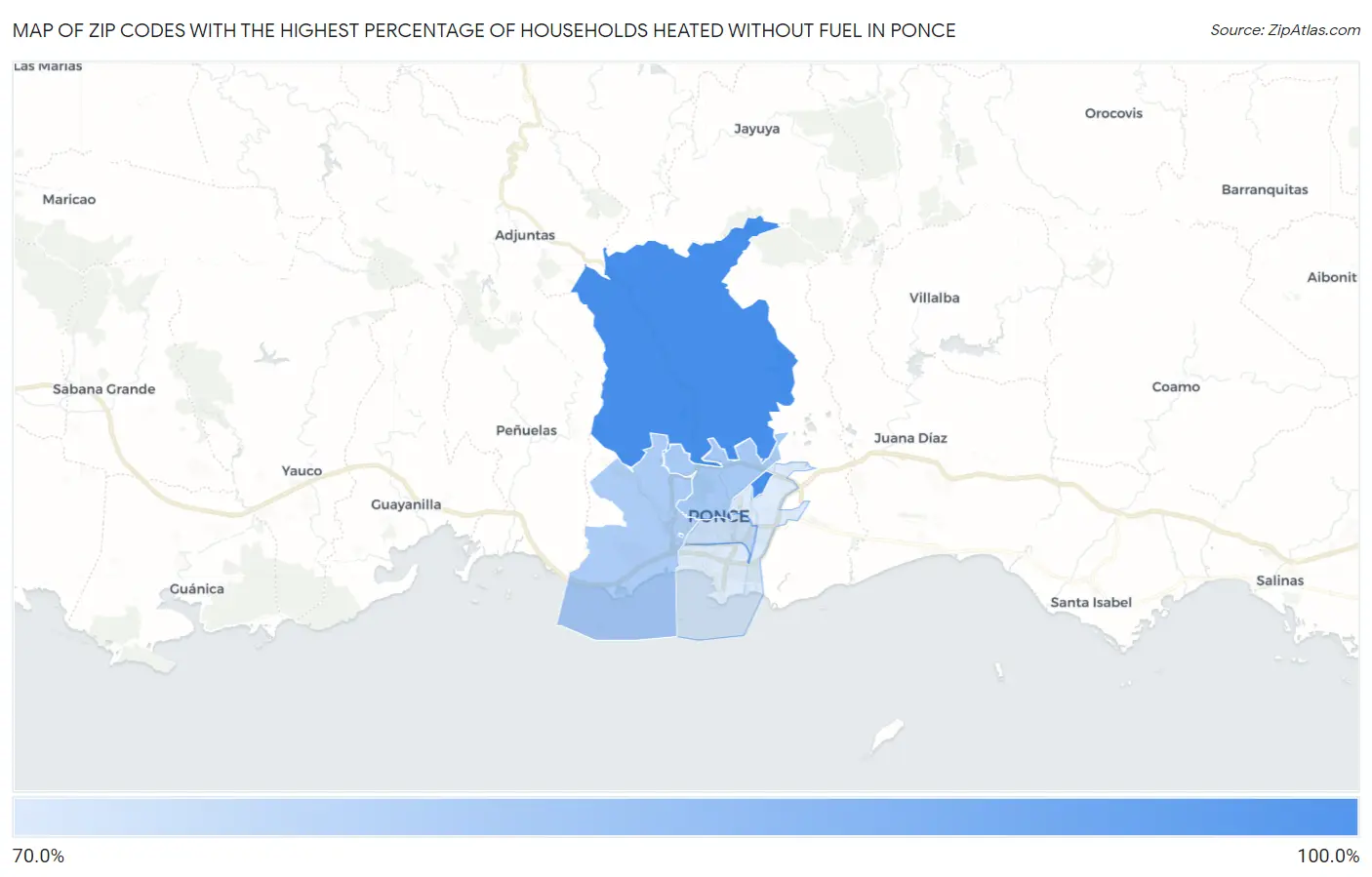Zip Codes with the Highest Percentage of Households Heated without Fuel in Ponce Map