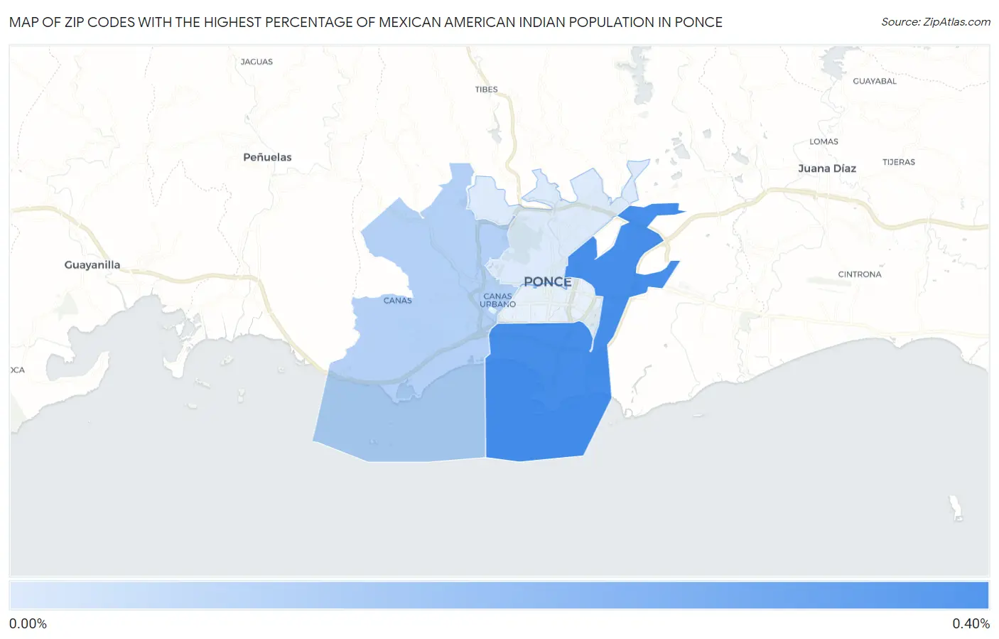 Zip Codes with the Highest Percentage of Mexican American Indian Population in Ponce Map