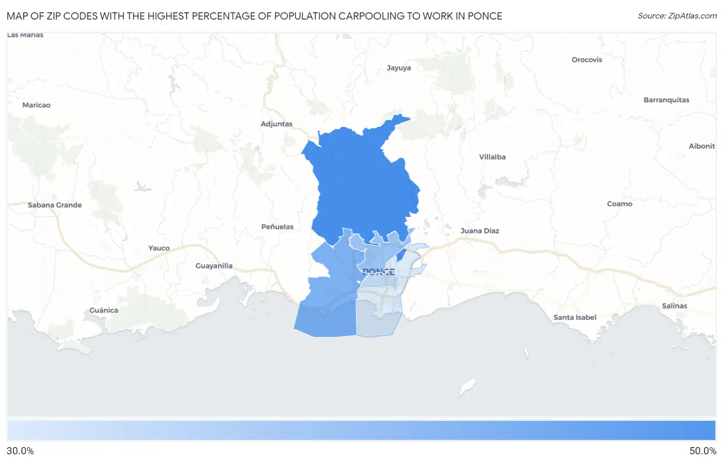 Zip Codes with the Highest Percentage of Population Carpooling to Work in Ponce Map