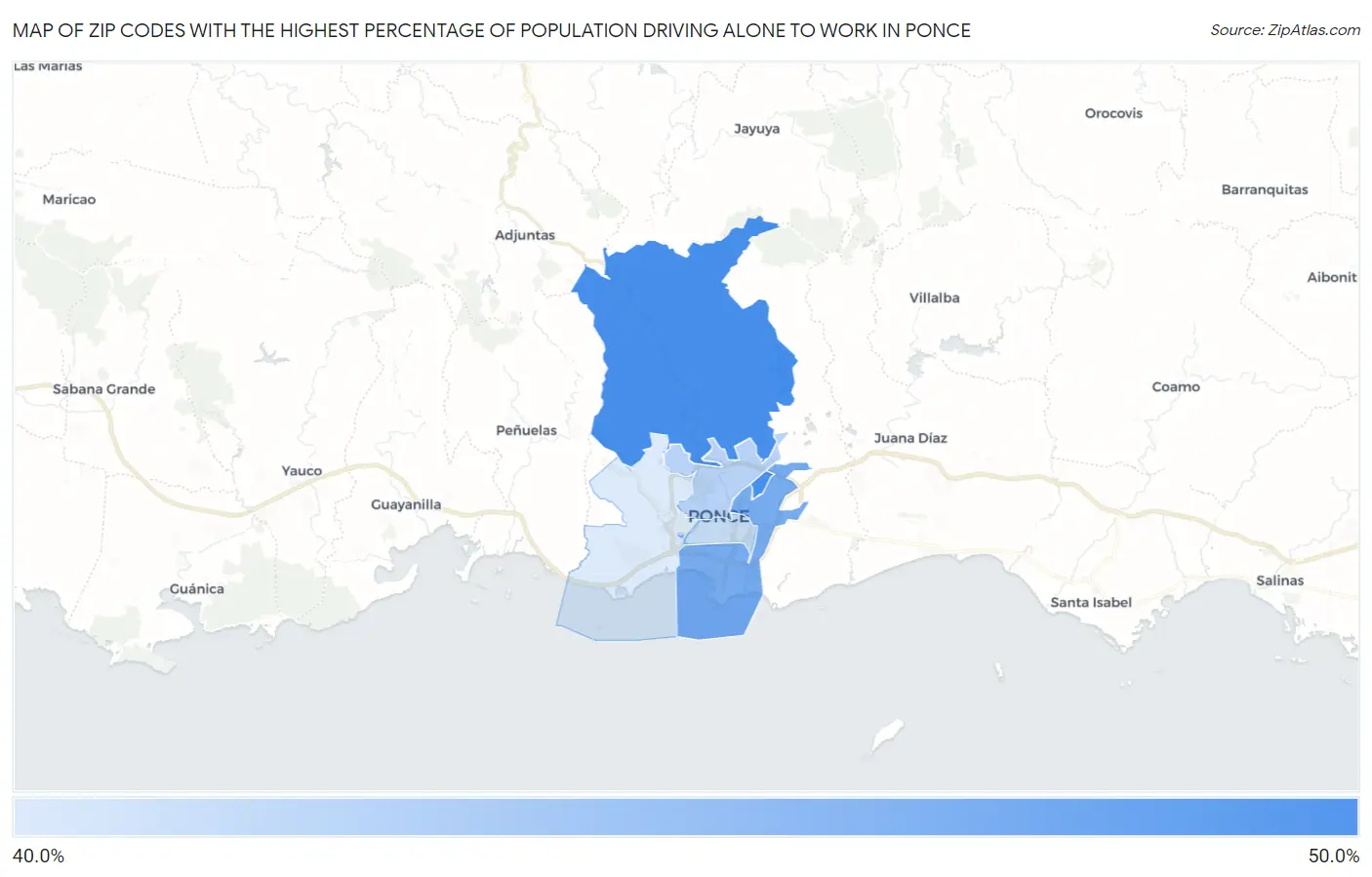 Zip Codes with the Highest Percentage of Population Driving Alone to Work in Ponce Map