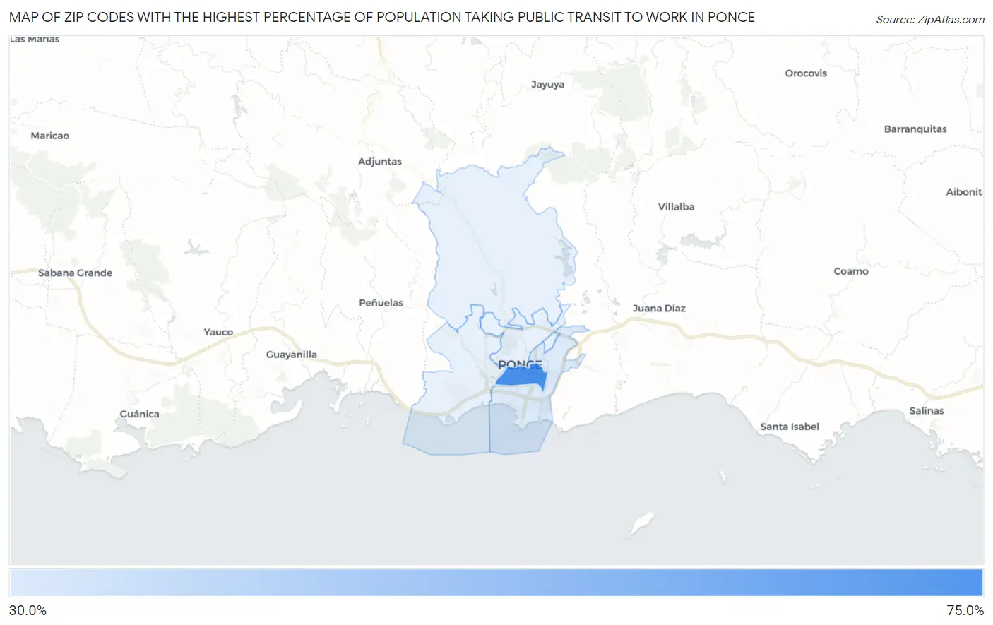 Zip Codes with the Highest Percentage of Population Taking Public Transit to Work in Ponce Map