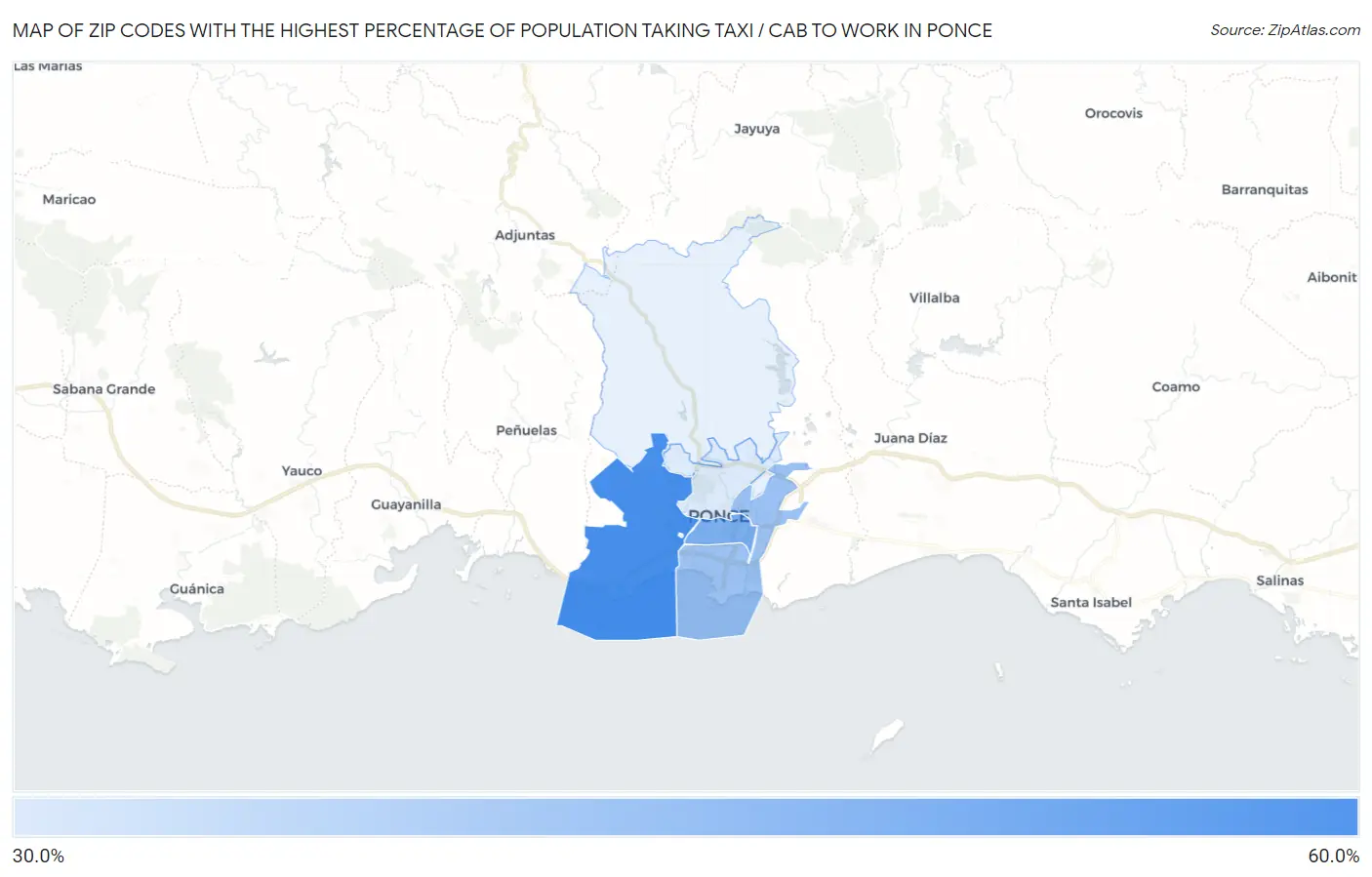 Zip Codes with the Highest Percentage of Population Taking Taxi / Cab to Work in Ponce Map