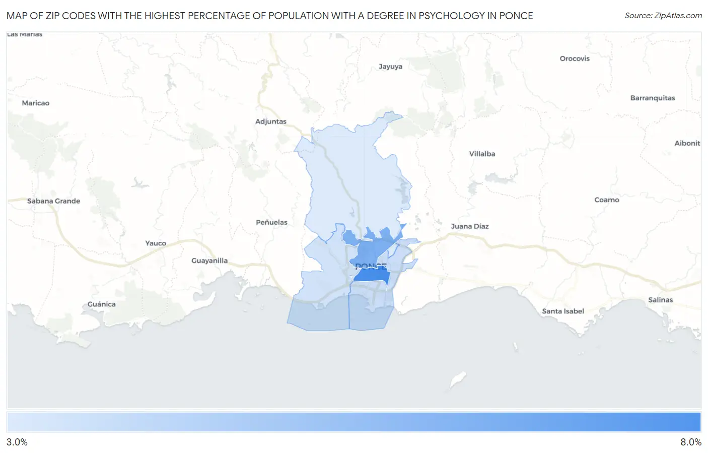 Zip Codes with the Highest Percentage of Population with a Degree in Psychology in Ponce Map