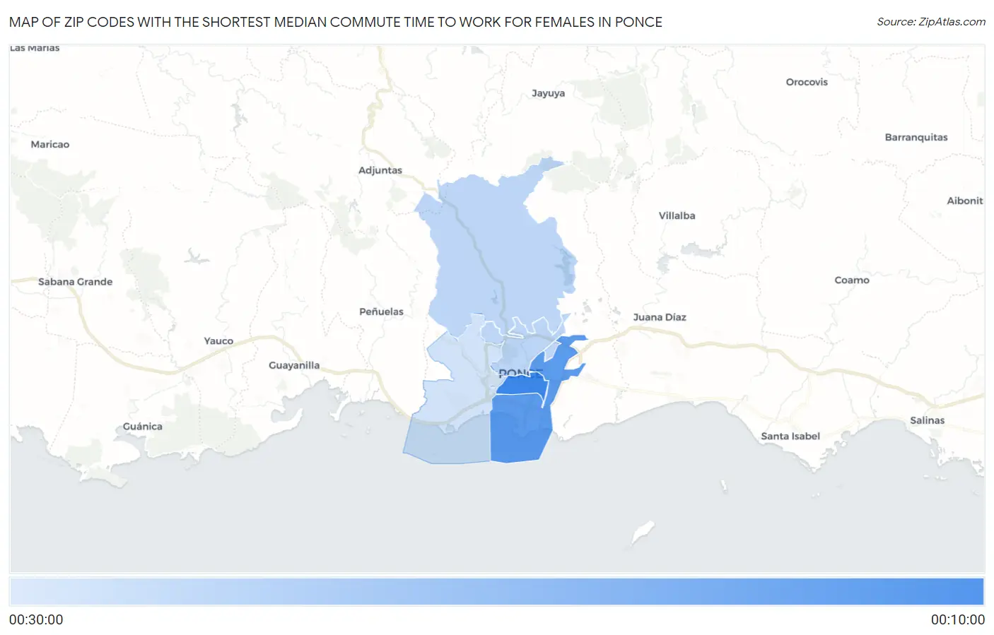 Zip Codes with the Shortest Median Commute Time to Work for Females in Ponce Map