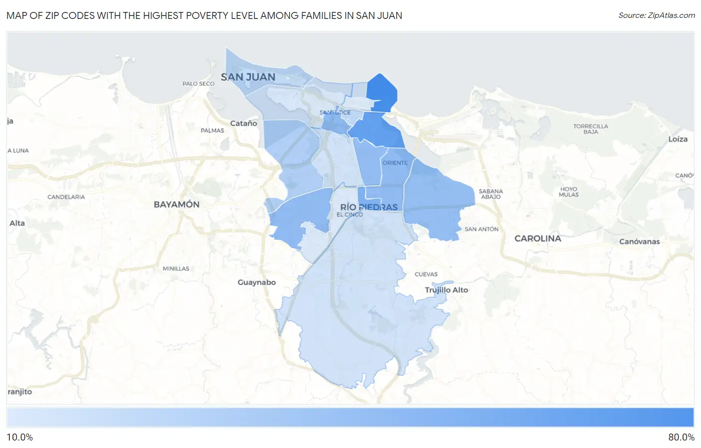 Zip Codes with the Highest Poverty Level Among Families in San Juan Map