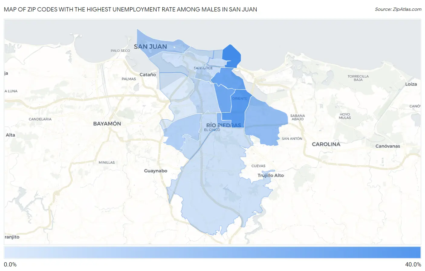 Zip Codes with the Highest Unemployment Rate Among Males in San Juan Map