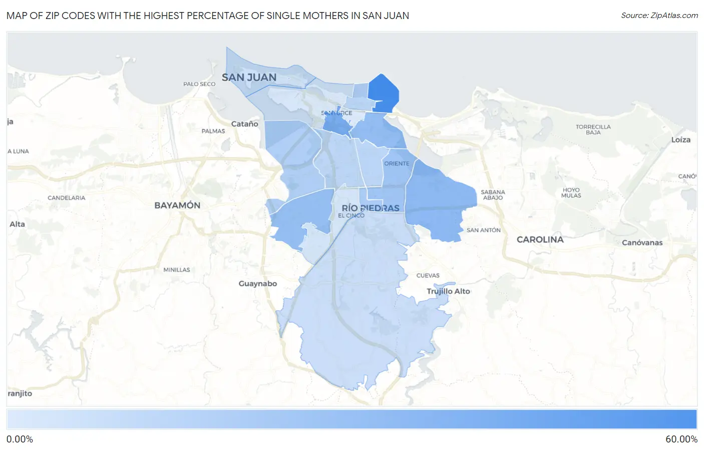 Zip Codes with the Highest Percentage of Single Mothers in San Juan Map