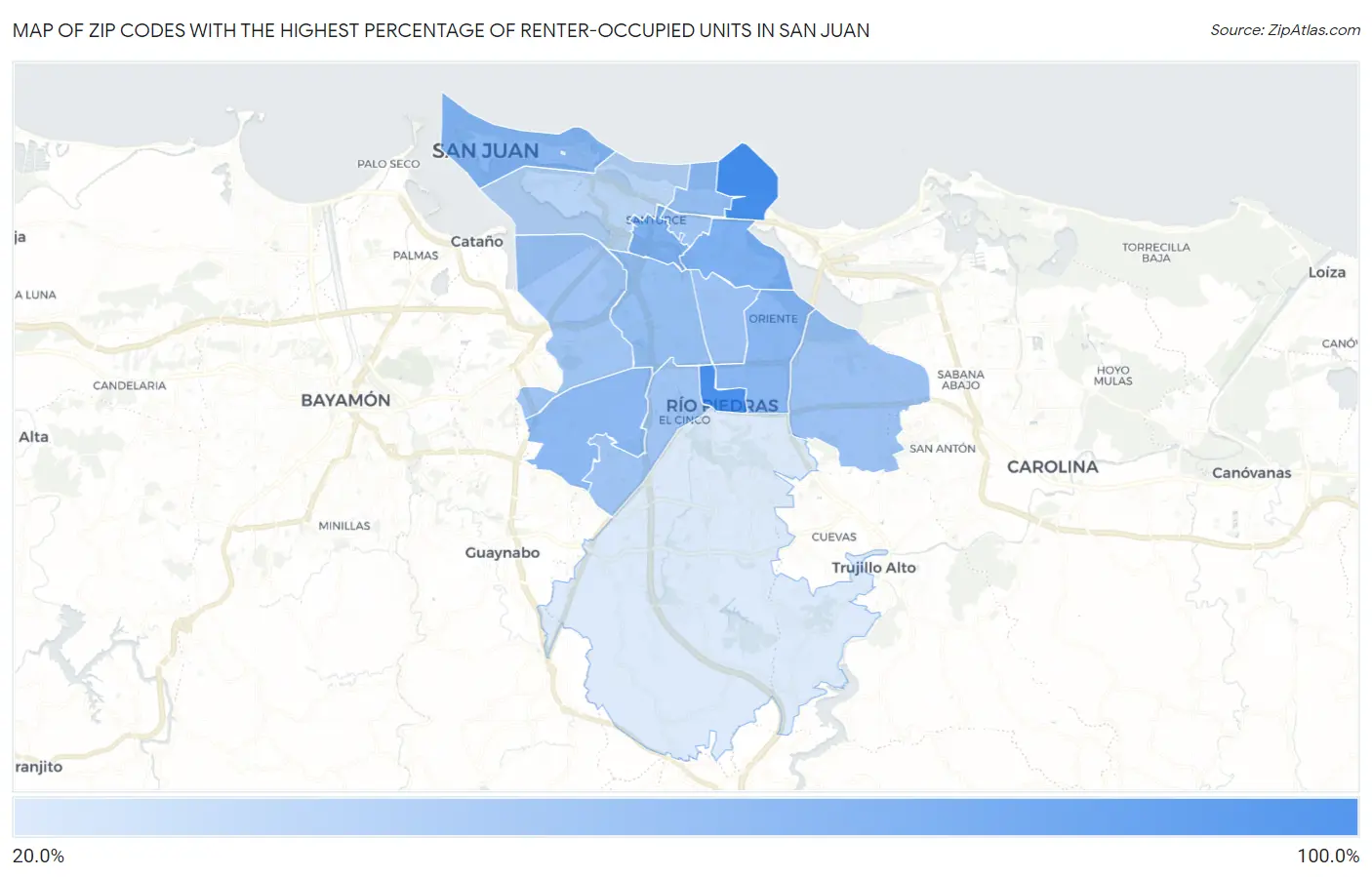 Zip Codes with the Highest Percentage of Renter-Occupied Units in San Juan Map