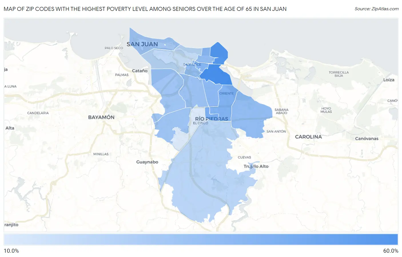 Zip Codes with the Highest Poverty Level Among Seniors Over the Age of 65 in San Juan Map
