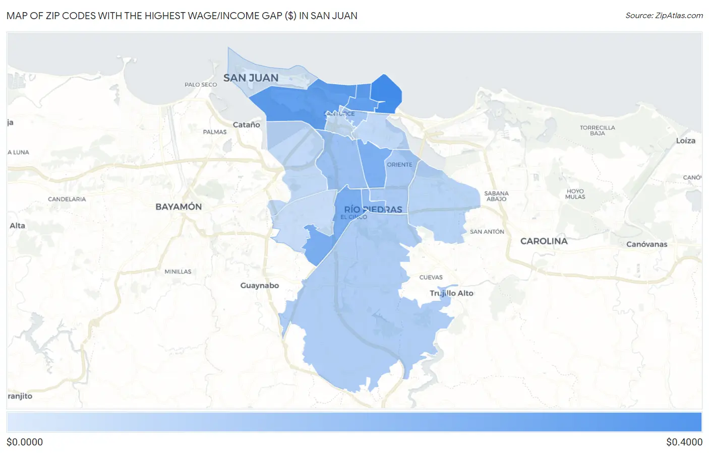 Zip Codes with the Highest Wage/Income Gap ($) in San Juan Map