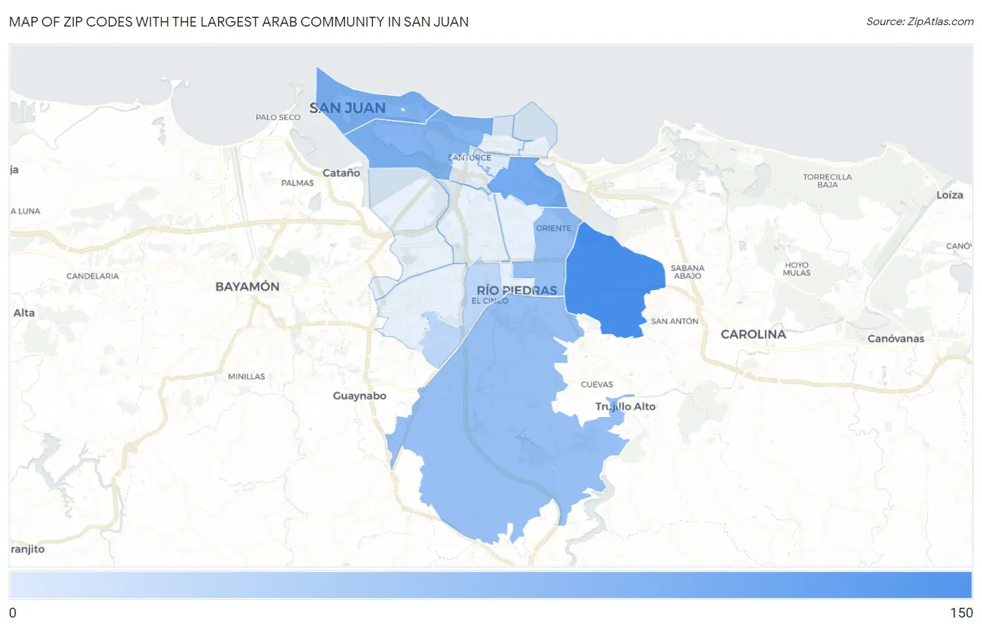 Zip Codes with the Largest Arab Community in San Juan Map