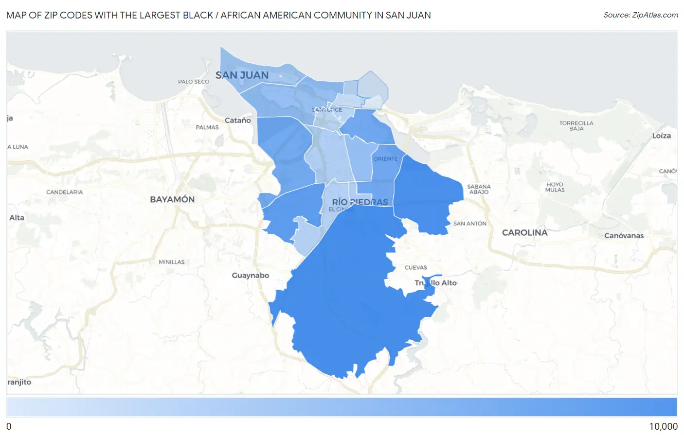 Zip Codes with the Largest Black / African American Community in San Juan Map